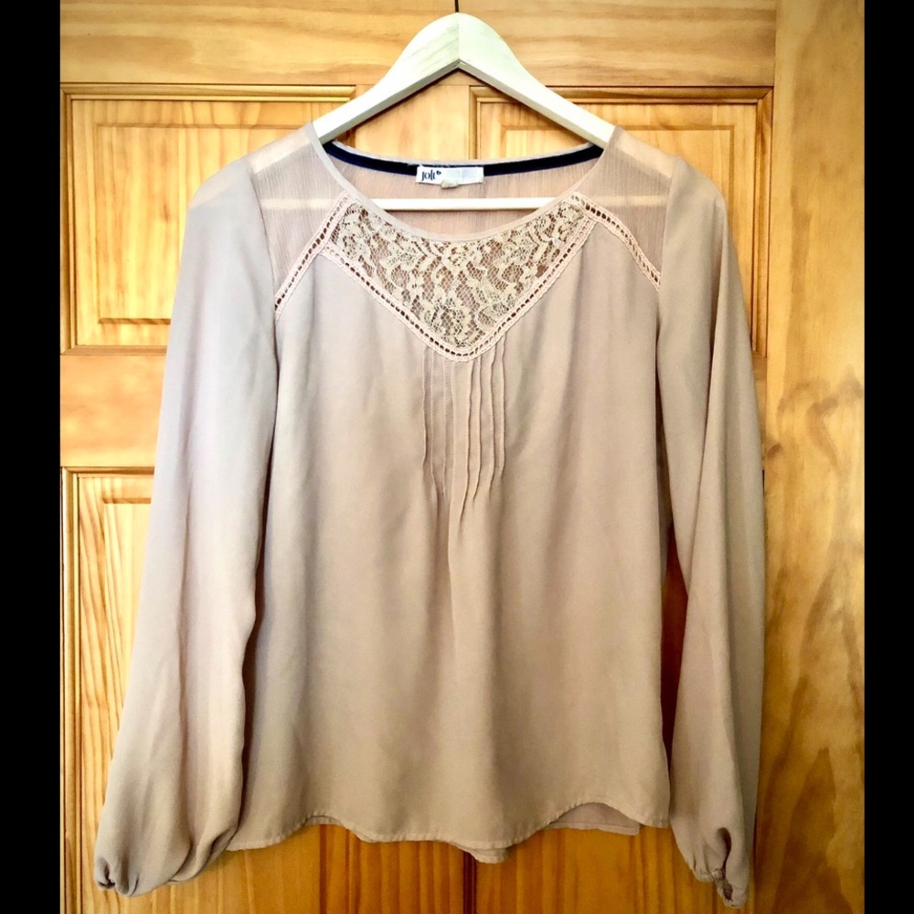 Long Sleeve Jolt Blush Chiffon Top w/ Lace Detail